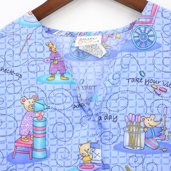 Simply Basic Scrub Top Womens Blue Cartoon All Over Print V Neck Size Small S - Picture 5 of 9
